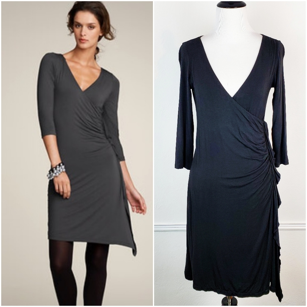 Wyeth Ann Taylor Dress Ruched Side Draped Surplice Stretch Jersey Black Neutral